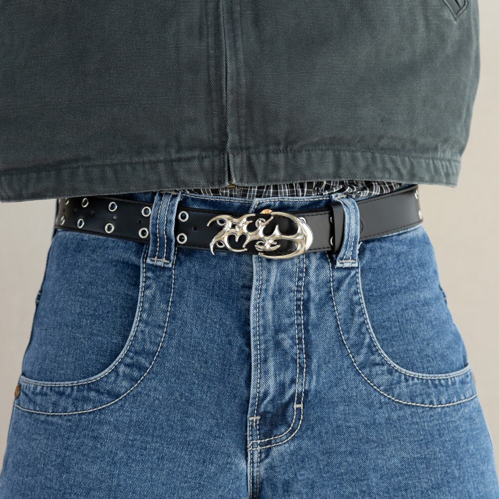Vintage Black Double Grommet Leather Belt Tribal Buckle Y2K Punk Unisex